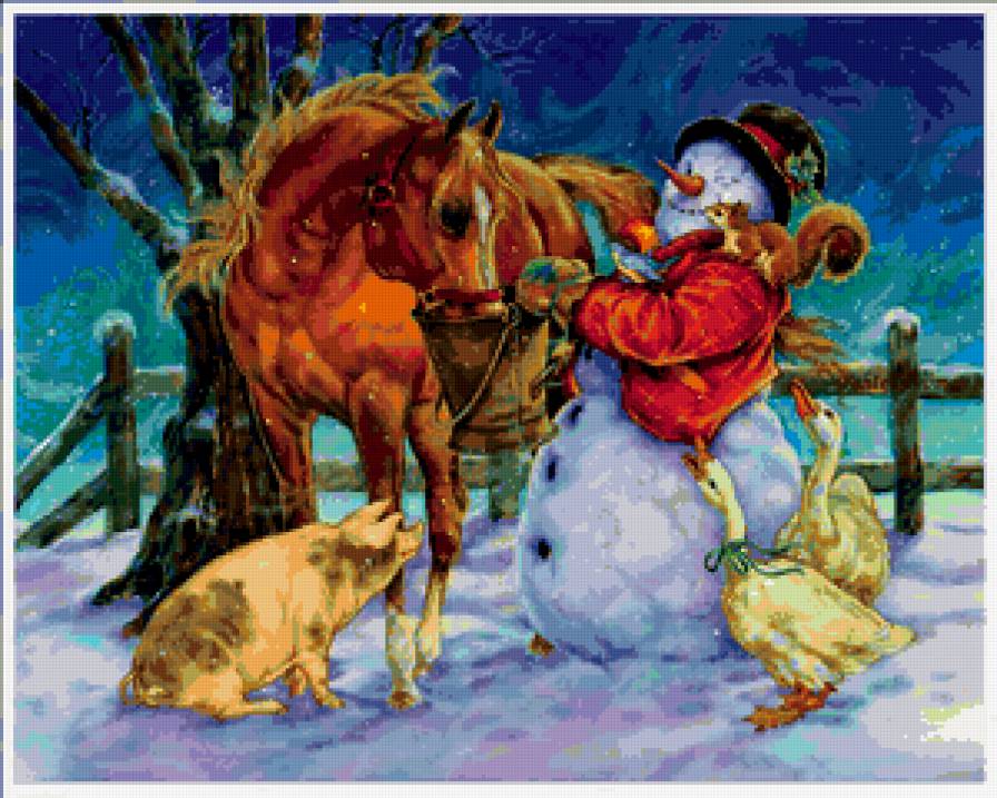 новый год - гуси, лошади, лошадь, животные, снеговик, рождество, сказ, лошадка, зима - предпросмотр
