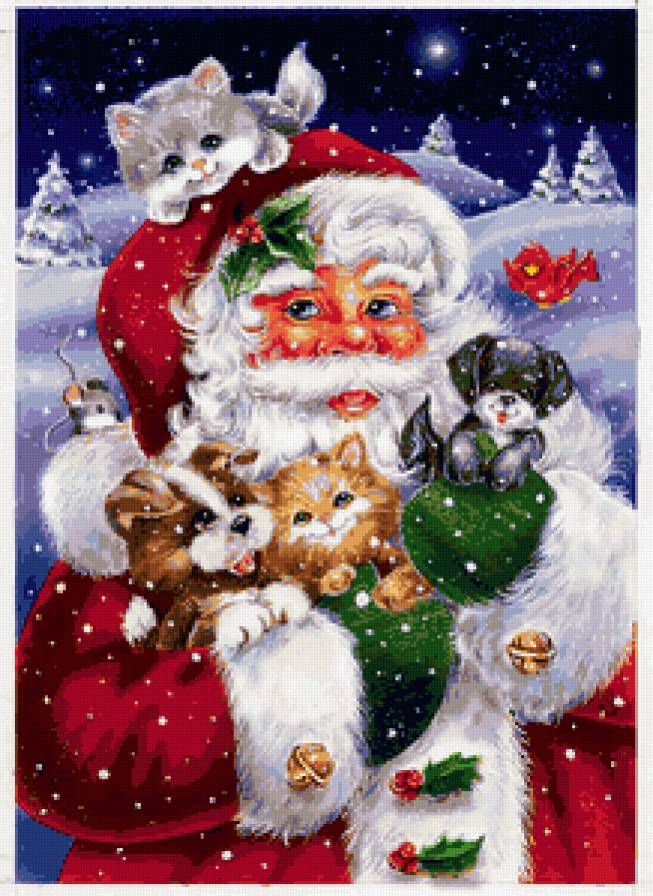 новый год - кошка, зима, щенки, котик, собачки, животные, мороз, санта, кошки, собаки - предпросмотр