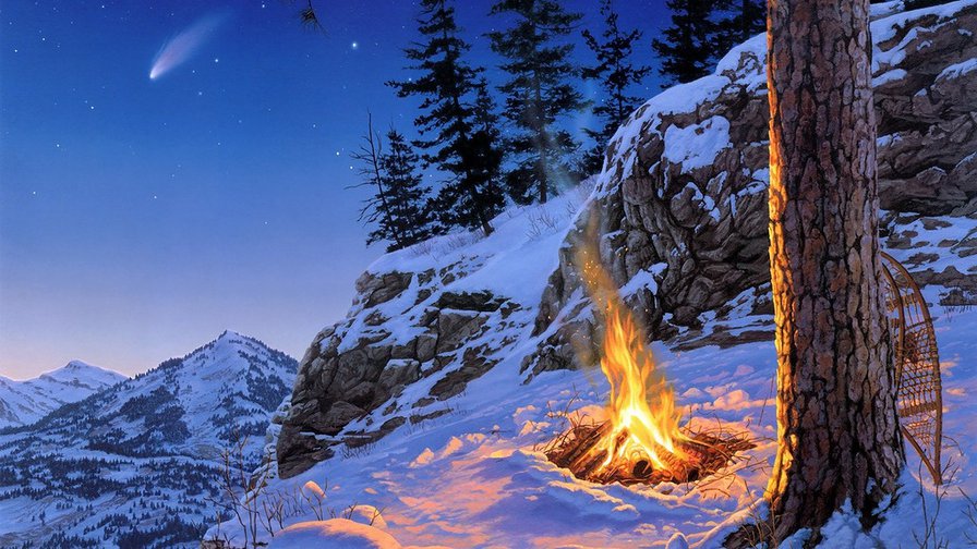 пейзаж - зима, природа, огонь - оригинал