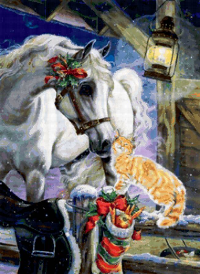 лошадка и котик - зима, лошадь, кошка, кошки, конь, коты, кот, животные, рождество, лошади - предпросмотр