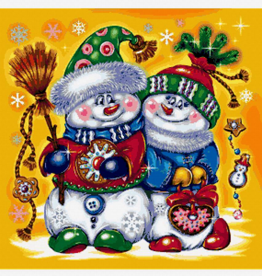 Снеговики - детская картина, снеговики, зима, новый год, подарки, снеговик - предпросмотр