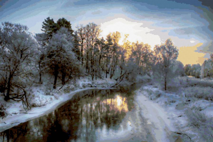 зимний пейзаж - пейзаж, небо, зима, отражение, снег, река - предпросмотр
