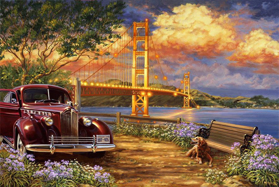 картина - пейзаж, собака, авто, машина, автомобиль, город - оригинал