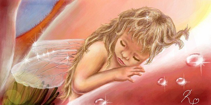 Маленькая фея спит в цветочке - феи, малыш, ребенок, фея, детская, детям, сказка, эльфы, фентези, лес - оригинал