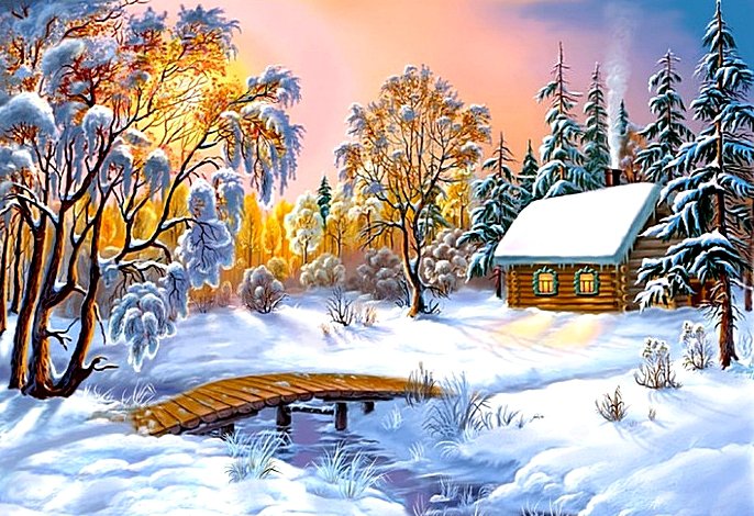 Мороз и солнце! - зима, пейзаж, снег, солнце, река, домик, мостик - оригинал
