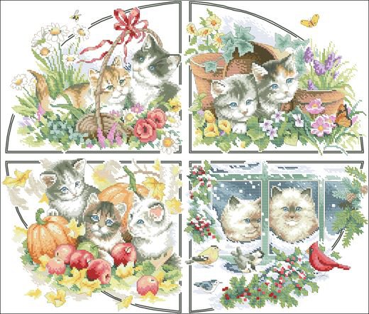 Времена года - птицы, цветок, времена года, котенок, кот, кошки, кошкa, коты - оригинал