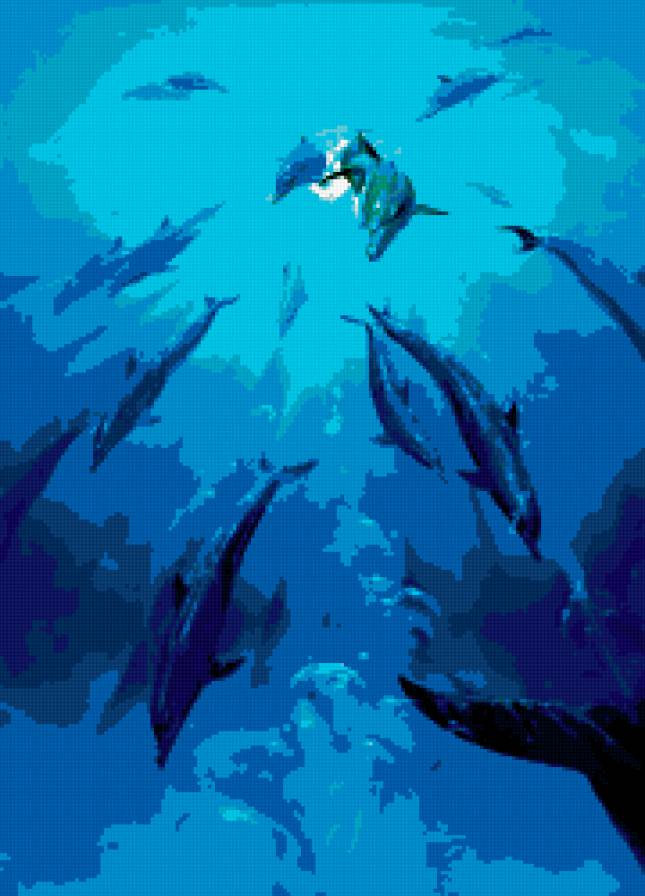 дельфины - рыбы, море, глубина, картина - предпросмотр