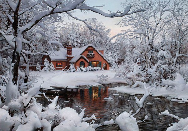№207194 - дом, зима, озеро, снег - оригинал