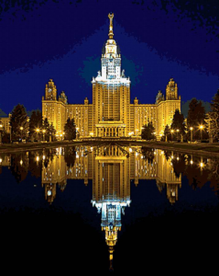 Москва - здание, отражение, москва, ночь, вода, архитектура, университет - предпросмотр