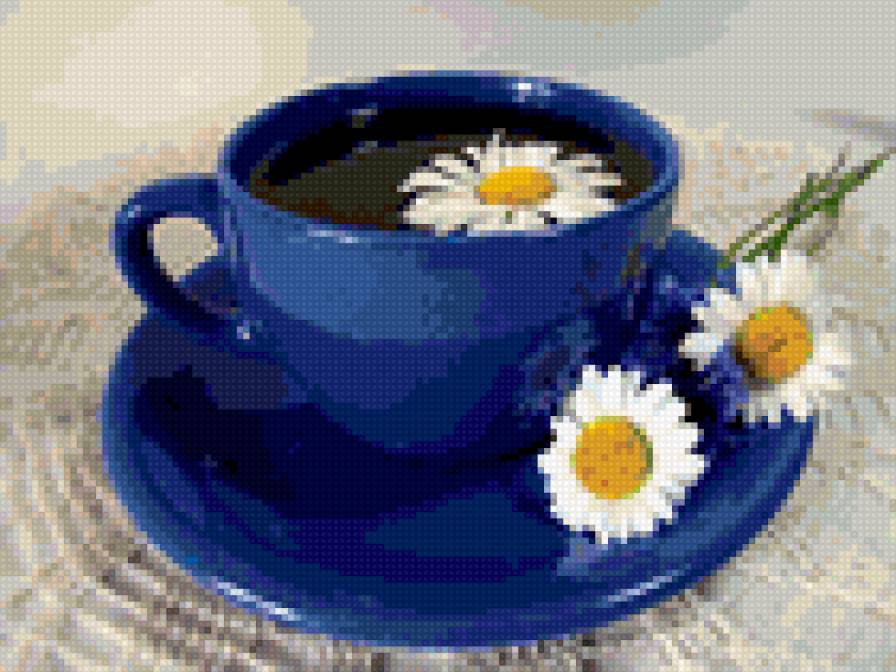 Чашка кофе - кофе, ромашки, синяя чашка, чашка - предпросмотр