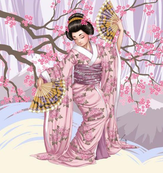 японская девушка - японская живопись, картина, птицы, девушка, танцы, природа, китай - оригинал
