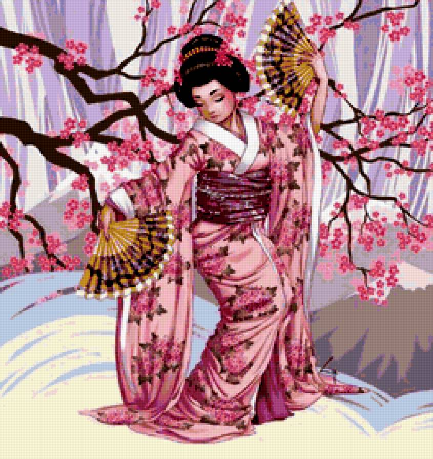 японская девушка - природа, китай, картина, девушка, птицы, японская живопись, танцы - предпросмотр