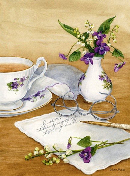 Натюрморт с фиалками - фарфор, натюрморты, натюрморт, фиалки, чай, цветы, посуда - оригинал