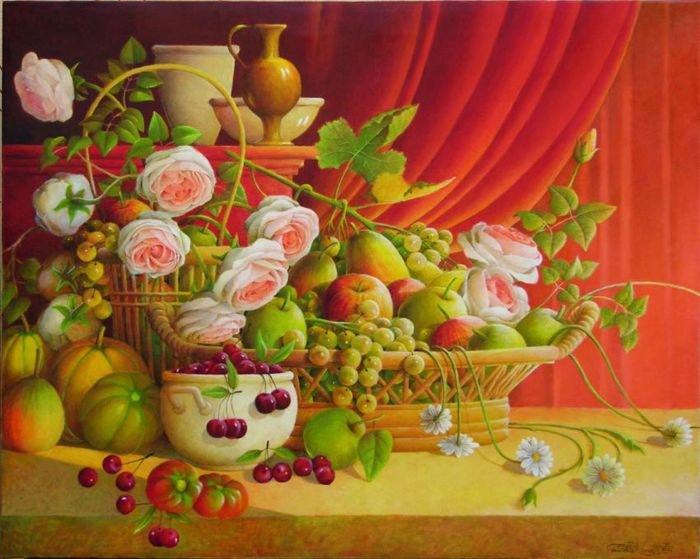 №209652 - натюрморт, картина, фрукты, цветы - оригинал