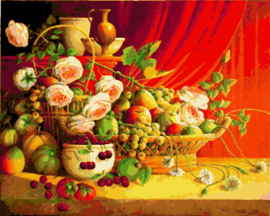 №209652 - натюрморт, картина, цветы, фрукты - предпросмотр