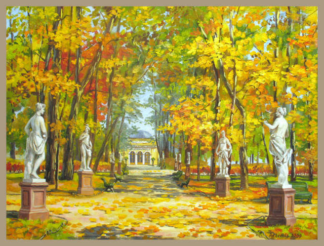 осень в летнем саду - пейзаж, памятник, картина, город - оригинал