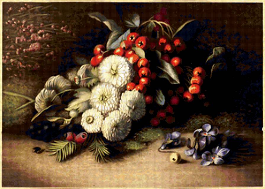 Louis Prang - букет, натюрморт, ягоды, цветы - предпросмотр