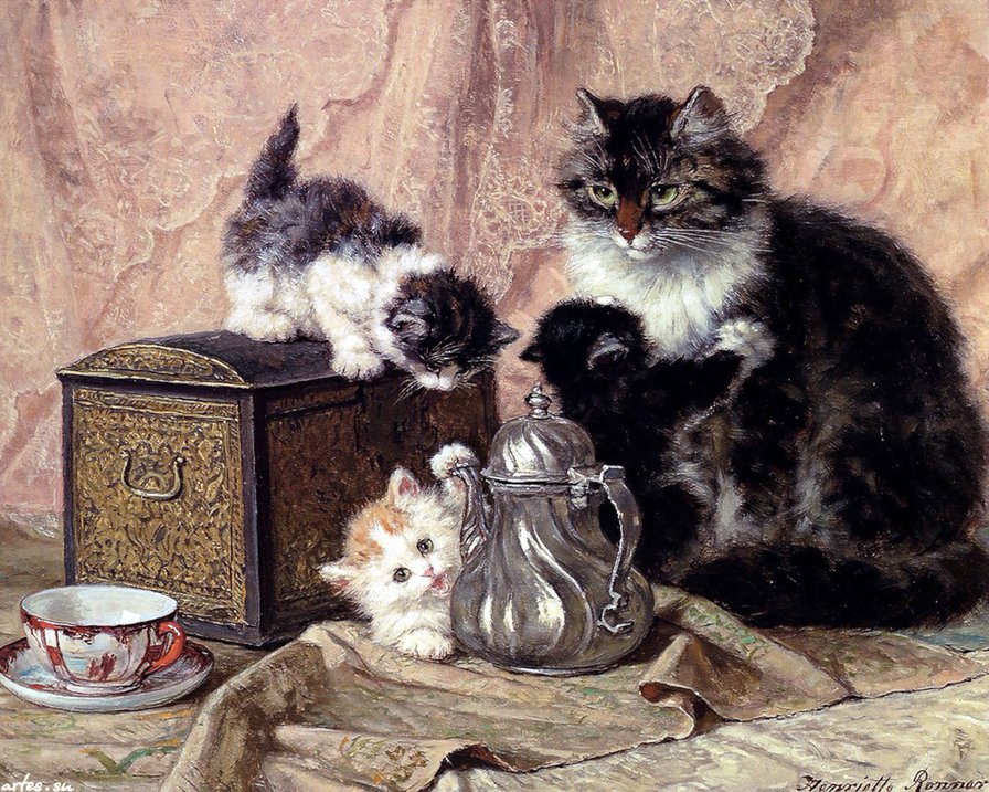 кошка с детками - кошки, картина, животные - оригинал