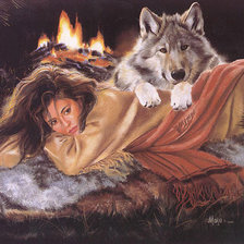 Оригинал схемы вышивки «девушка и волк» (№210924)