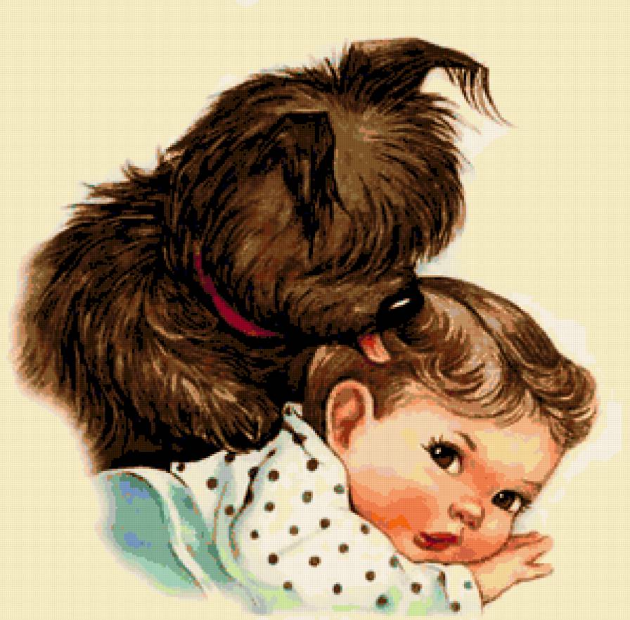 Лохматая нянька - ретро, малыш, малыши, собака, щенок, ребенок, собаки, дети - предпросмотр