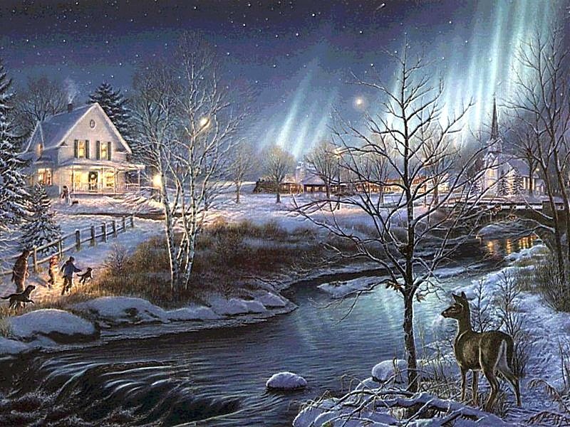 Рождественская ночь - олененок, ночь, рождество, зима - оригинал