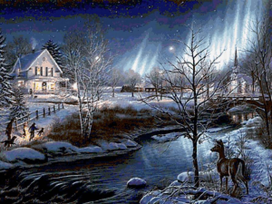 Рождественская ночь - рождество, олененок, зима, ночь - предпросмотр