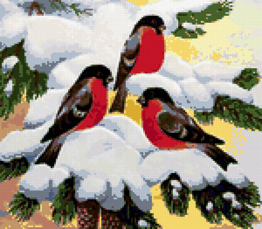 Снегири в снегу - птицы - предпросмотр