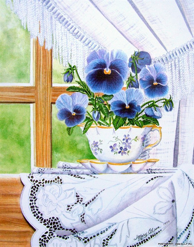№211213 - чашка, цветы, окно, ваза, букет - оригинал