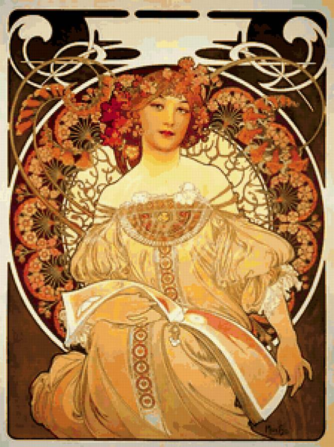 Картина А.Мухи - картина, женщина, цветы - предпросмотр
