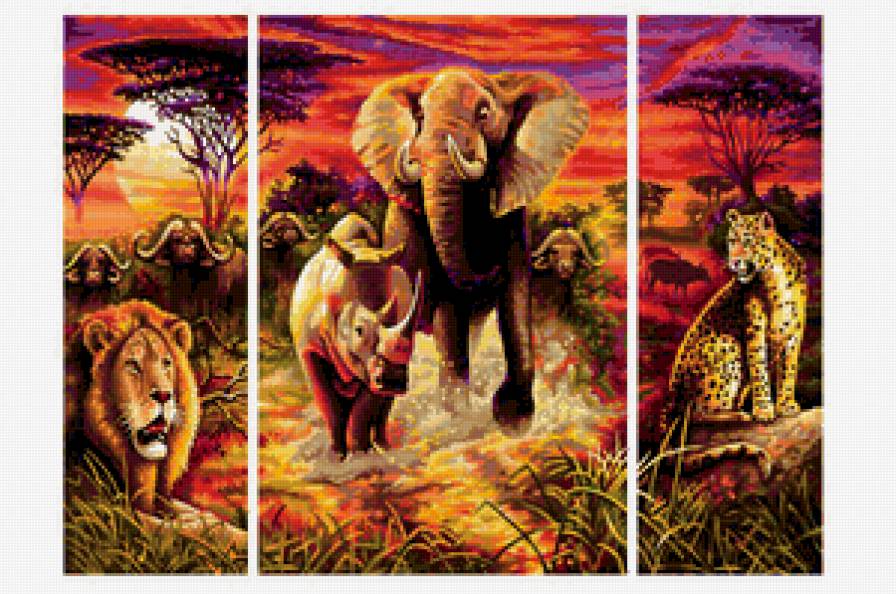 ТРИПТИХ - лев, слон, гепард, природа, носорог, африк, животные, бык, савана - предпросмотр
