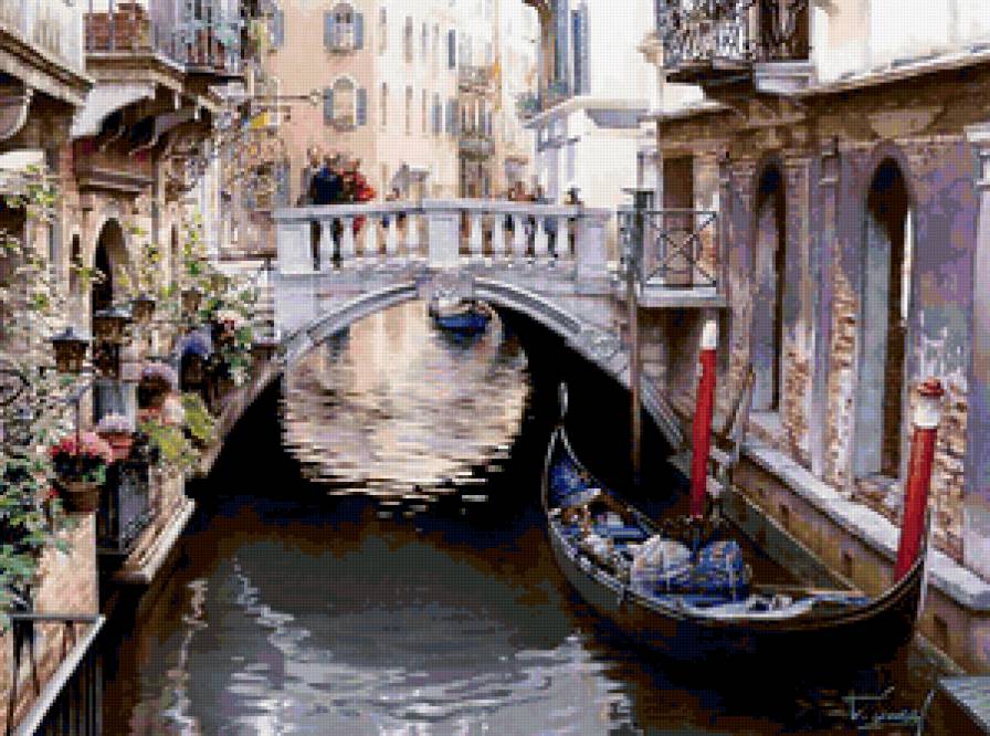 Thierry Duval - город, дом, мост, люди, река, венеция, лодка - предпросмотр