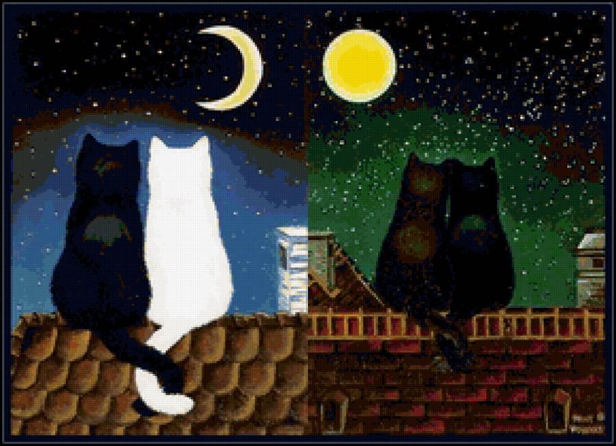 ДИПТИХ   "Две мелодии" - крыша, ночь, кошки, луна, день, солнце, диптих - предпросмотр