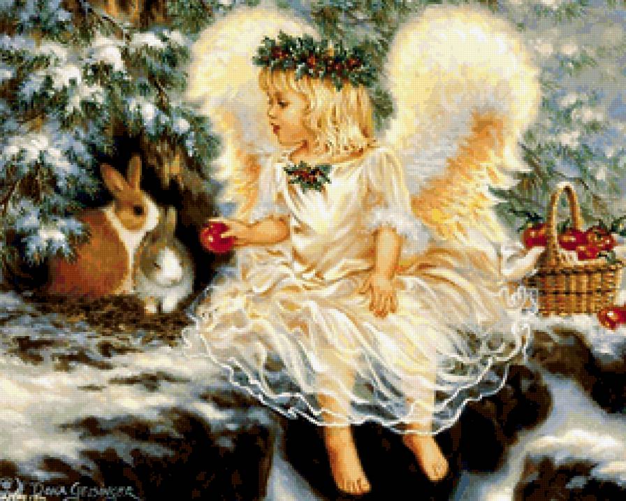 РОЖДЕСТВЕНСКИЙ АНГЕЛ - ангел, зима, праздники, зайчик, елка, яблоки, рождество, лес - предпросмотр