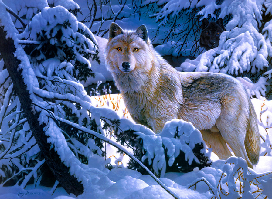 ДИПТИХ   "Две мелодии" - времена года, природа, волки, сосны, зима, взгляд, снег, лес - оригинал