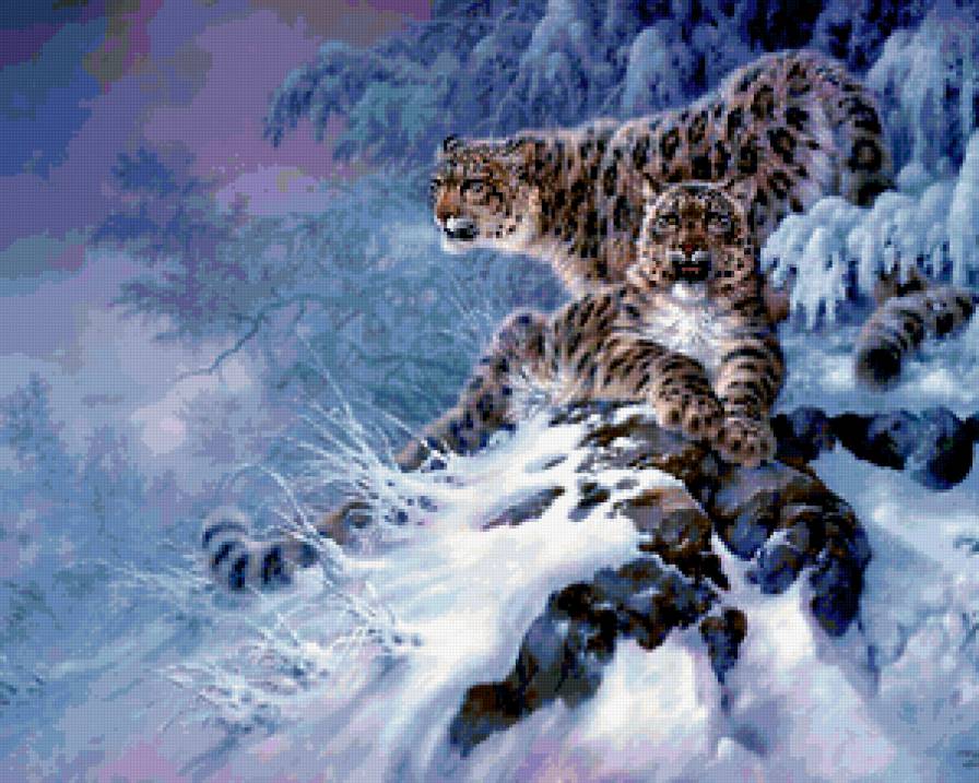 ДИПТИХ   "Две мелодии" - самец, пара, зимний пейзаж, тигр, самка, зима, лес, снег, горы - предпросмотр