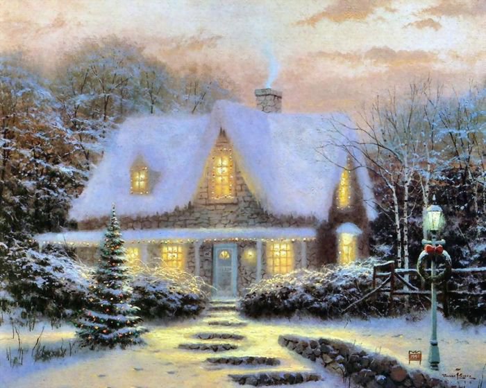 Праздник Света от Томаса Кинкейда (Thomas Kinkade) - дом, природа, зима - оригинал