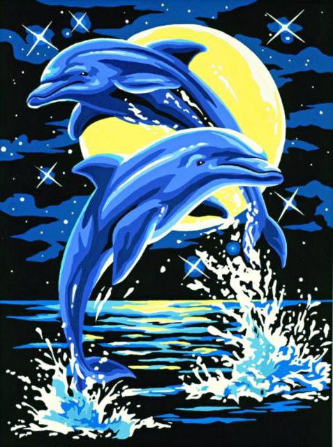 Дельфины - волна, океан, дельфины, луна, море, ночь - оригинал