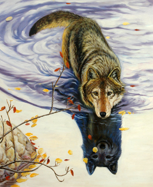 ДИПТИХ   "Две мелодии" - животные, зима, снег, озеро, волки, лес, зеркальное отражение - оригинал