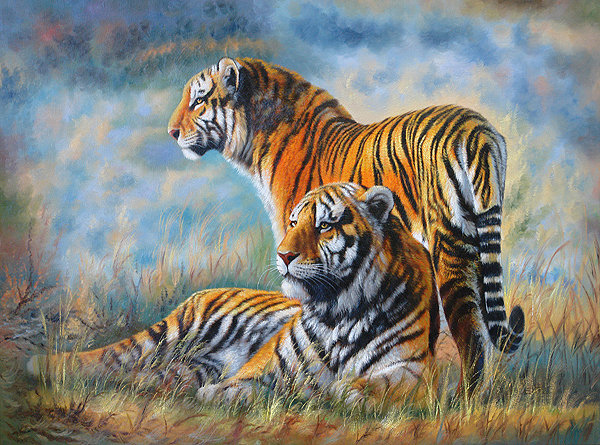 ДИПТИХ   "Две мелодии" - самец, африка, тигры, отдых, самка, животные, природа, савана - оригинал