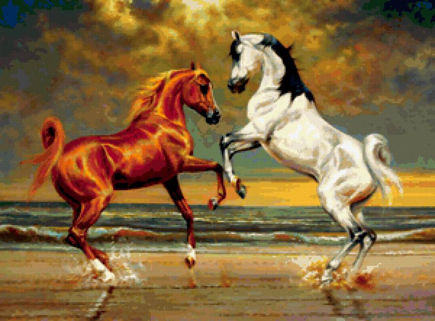 ДИПТИХ   "Две мелодии" - кони, пара, животные, соблазн, самка, самец, диптих, танец - предпросмотр