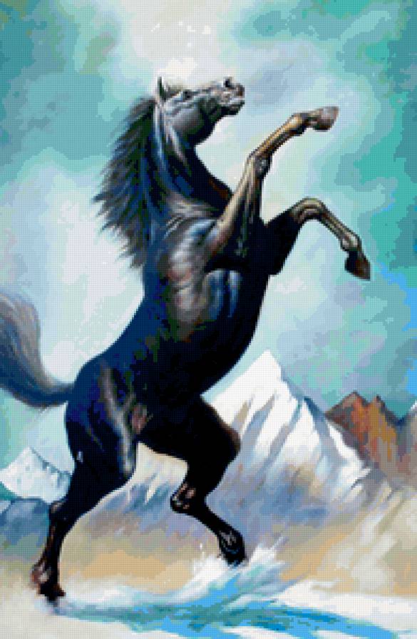 ДИПТИХ   "Две мелодии" - вороной, конь, горы, между небом и землей, животные, высота - предпросмотр