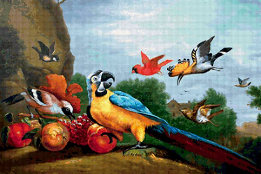 ДИПТИХ   "Разные  мелодии" - птицы, природа, скала, виноград, персик, попугай, живопись - предпросмотр