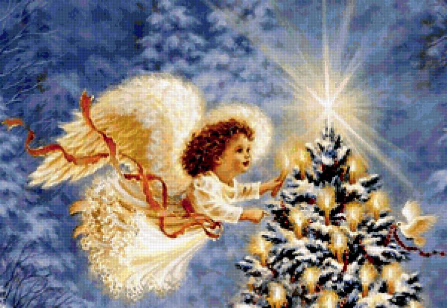 С РОЖДЕСТВОМ - ангел, елка, праздники, рождество, звездная ночь - предпросмотр