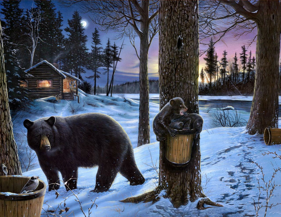 №215044 - картина, зима, лес, снег, дом, животные, мишка - оригинал