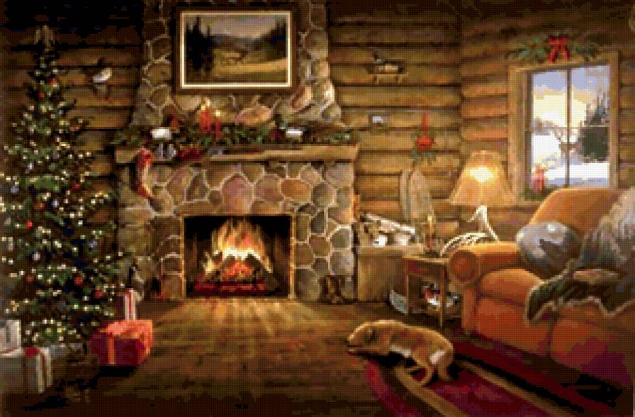 Рождественская ночь - елка, дом, уголок, рождество, праздники, камин, собака - предпросмотр