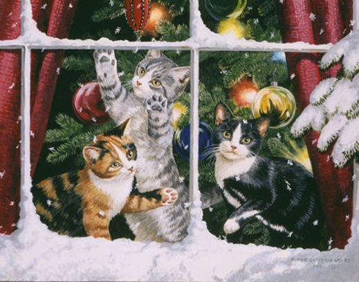Рождественская ночь - кошки, ночь, елка, рождество, окно. ожидание, праздники - оригинал