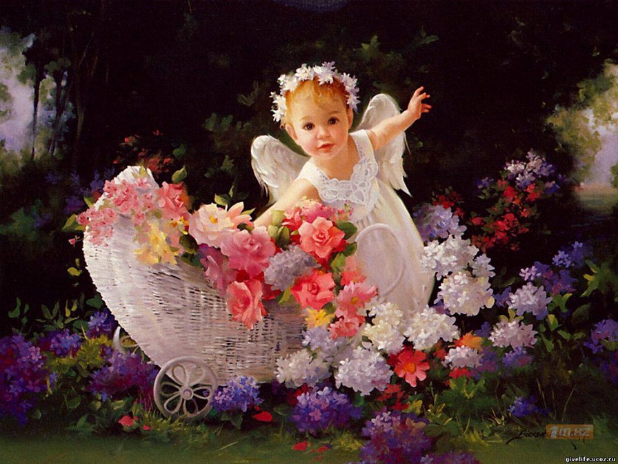 ангелочек - ребенок, девочка, коляска, цветы, ангелочек - оригинал