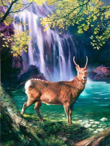 №215581 - картина, звери, природа, олень, водопад, лес, вода - оригинал