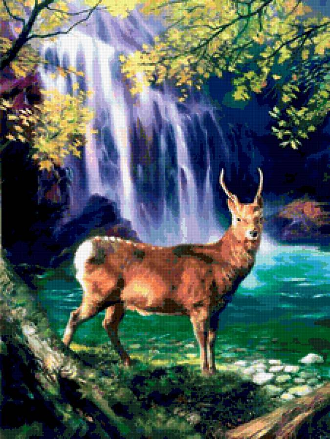 №215581 - природа, картина, олень, вода, звери, водопад, лес - предпросмотр