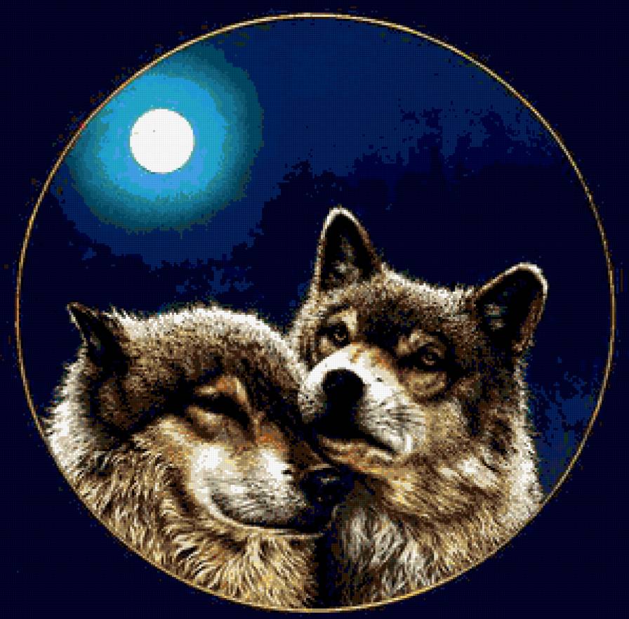 Два волка и луна на чёрном - хищник, луна, волки, животные, пара, ночь, волк - предпросмотр